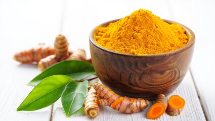 Vibrant Turmeric Powder and Roots in Wooden Bowl:  Healthy, Organic Spice,  Close-up Studio Shot.