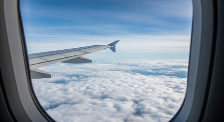 Fototapeta premium Airplane Wing and Cloudscape Viewed from Airplane Window.
