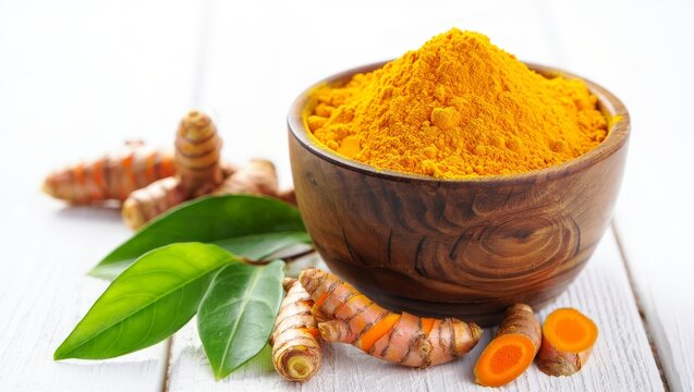 Vibrant Turmeric Powder and Roots in Wooden Bowl:  Healthy, Organic Spice,  Close-up Studio Shot.