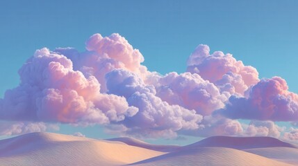 Pink clouds over sand dunes at sunset. Scenic view of pastel pink clouds floating above soft textured sand dunes under a clear blue sky