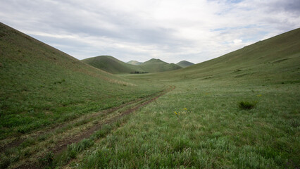 Expansive green landscape with rolling hills under a cloudy sky, showcasing the beauty of nature and tranquility in a serene outdoor environment
