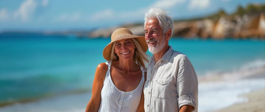 A cheerful couple enjoys a sunny day at the beach, showcasing love and connection amidst a picturesque coastal backdrop with soft waves and golden sand.
