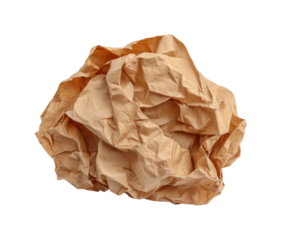 Crumpled brown paper ball still life waste reduction concept isolated on transparent background, png