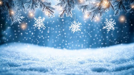 Naklejka premium Enchanting Winter Wonderland with Frosted Spruce Branches and Blurred Bokeh Holiday Decorations