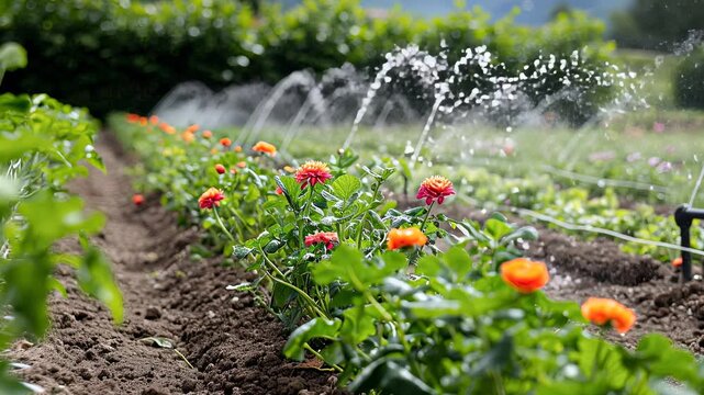 Vibrant flowerbed micro-sprinkler jets showering orange and pink blossoms with precise water arcs over dark fertile soil under dawn light, illustrating precision irrigation, sustainable water conserva