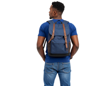 Man with Backpack Looking Slightly to the Left, Back View in Casual Clothes, Isolated on Transparent Background PNG