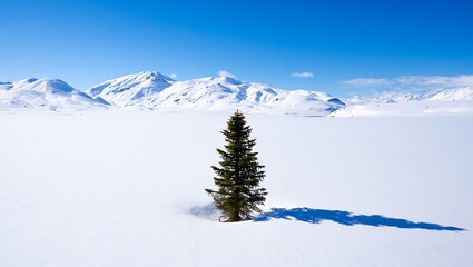 Obraz premium Lone Evergreen Tree Stands Tall in a Vast Snowy Landscape with Majestic Mountains and Bright Blue Sky Winter Solitude