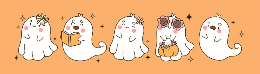 Set of Cute Halloween Ghost Characters in Kawaii Style. Vector illustration.