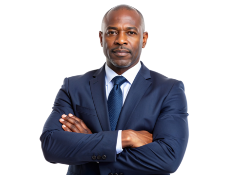 Middle-Aged Man in Business Suit with Arms Crossed, Neutral Expression, Front View, Isolated on Transparent Background PNG