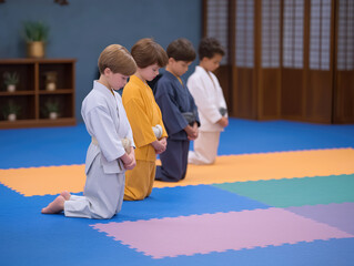 Group of young children in traditional martial arts uniforms kneeling on colorful mats, demonstrating respect and focus in a training environment, showcasing discipline and teamwork