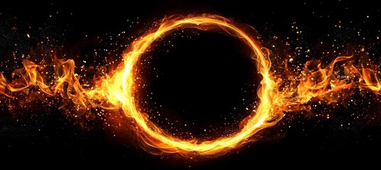Naklejka premium Abstract Fiery Circle Blazing with Intensity Against Black Space, Captivating Frame of Light Flares