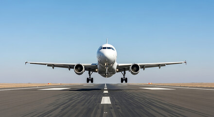 Obraz premium Commercial Airplane Landing on Runway Front View 1.