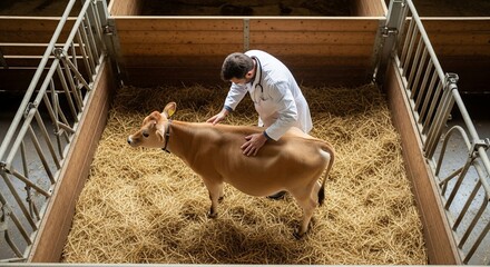 veterinary health check veterinarian examines calf in a farm barn