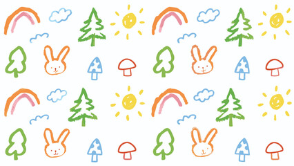 Whimsical pattern with bunnies, rainbows, trees, suns, mushrooms, and clouds in crayon style drawing