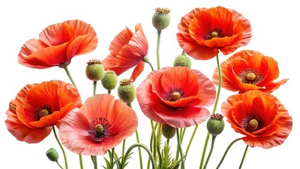 Fototapeta premium Artistic arrangement of beautiful orange poppies and seed pods on a white background