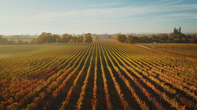 Sweeping drone shots of vast fields and vineyards in full autumn color