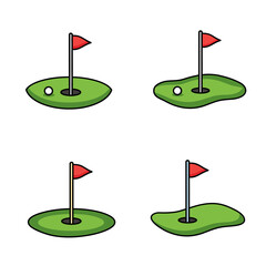 Four golf holes with flags