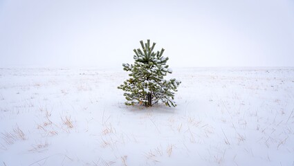 Lone pine tree in a vast snow covered winter landscape evoking peace and serenity during the cold season holidays and festive winter time