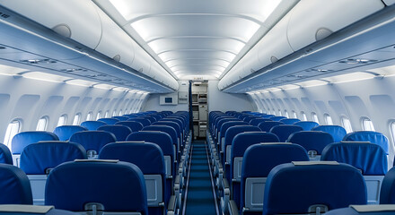 Empty Airplane Cabin with Blue Seats and Overhead Compartments 1.