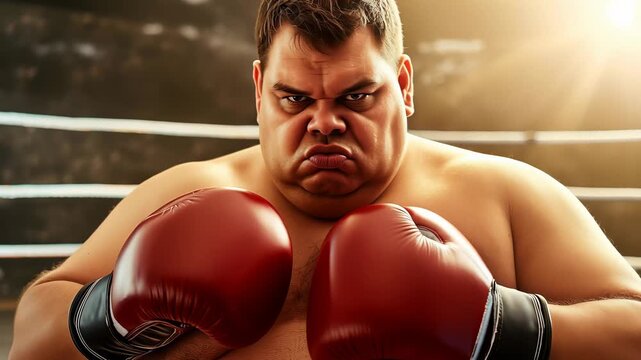 A heavyweight boxer, poised for a match with red gloves and serious expression, embodies the spirit of competition and the intense mental and physical challenges of his sport.