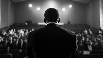 Fototapeta premium African American man in a suit stands confidently at a podium, addressing a captivated audience in a formal setting, showcasing leadership and public speaking skills