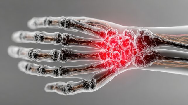 Close-up view of distal radius and carpal bones highlighting avascular necrosis in lunate