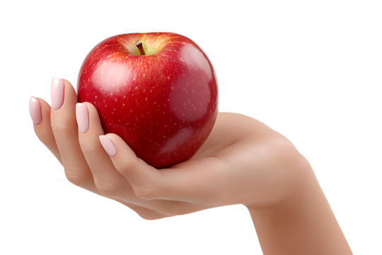 Hand holding fresh red apple isolated on transparent background.