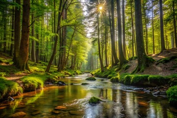 Obraz premium Sunlight streams through lush green forest illuminating a winding stream with mossy rocks