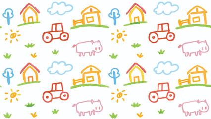 Hand drawn farm scene with houses tractors pigs trees clouds and suns in a repeating pattern design