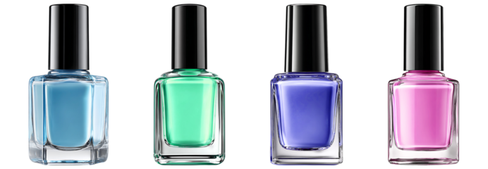 Green nail polish bottle with black cap isolated on transparent background.