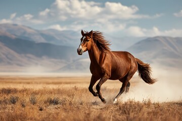 Majestic brown horse running across an open field, mane and tail flowing in the wind, bright sunny day, dust kicking up behind, 