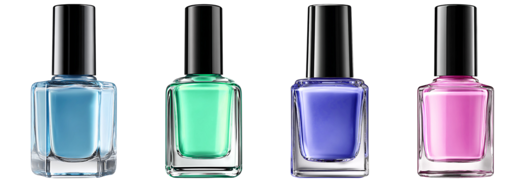 Green nail polish bottle with black cap isolated on transparent background.