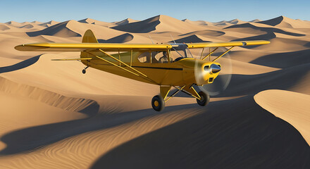 Golden HighWing Airplane Flying Low Over Desert Dunes.