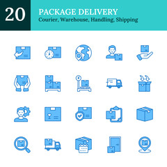 Package Delivery Blue Fill Outline Icon Sheet Design Vector - package handling, shipping logistics, global delivery, tracking, fragile goods, return processes, courier service, warehouse storage