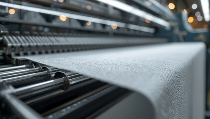 An industrial knitting machine in operation, producing a white textile fabric, woven through a series of needles and hooks.