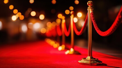 A glamorous red carpet with golden stanchions and velvet ropes, set against a blurred background of warm lights, evoking a sense of luxury and exclusivity
