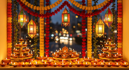 Obraz premium Illuminated Diya Lamps and Festive Lanterns with Marigold Garland.