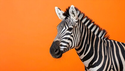 Fototapeta premium Stunning close-up of a zebra displaying its bold stripes and reddish mane on an orange background