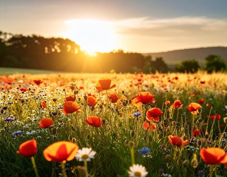 Field of redd poppies mixed with other wildflowers