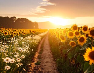 Obraz premium A path through a field of daisies and sunflowers after rain