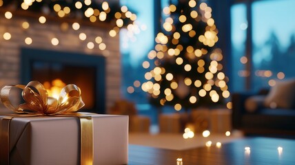 Wrapped gifts nestling near glowing christmas tree, navity crackling fireplace highlighting festive living room holiday with warm decor charm