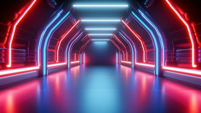 Vibrant neon lights glowing inside sleek, curved radiating energy futuristic urban tunnel,