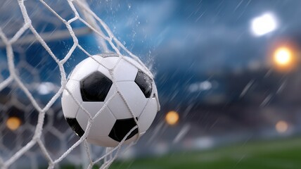 Soccer ball splashing through net during rainy game, highlighting dramatic moment backdrop blurred stadium with