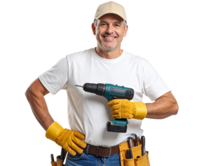 Proud Male Handyman Holding Power Drill at Side, Casual Stance and Warm Smile, Isolated on Transparent Background PNG