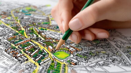A hand colors an architectural city plan, highlighting parks, roads, and buildings in vibrant shades, showing detailed urban design and planning