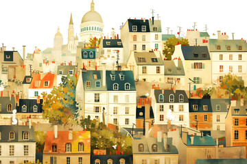 Colorful illustration of a vibrant cityscape featuring charming houses with varied rooftops, surrounded by lush greenery and iconic landmarks, capturing urban life and architectural beauty