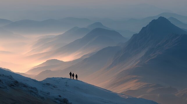 Tiny family figures walking against vast mountain landscape with ethereal lighting, nature exploration