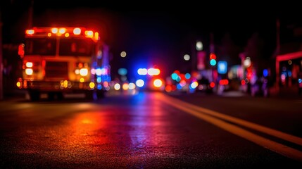 Fototapeta premium Emergency vehicles with flashing lights respond at night on a city street, illuminating the road with red and blue reflections