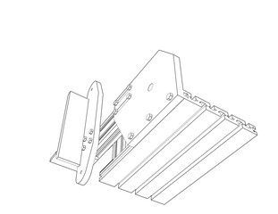 Engineering Design Wireframe Blueprint: Precision Belt Grinder Frame for Abrasive Machine Stand. Monochrome Line Art of Industrial Workshop Equipment Metalworking Tool, Aluminum Extrusion Components 