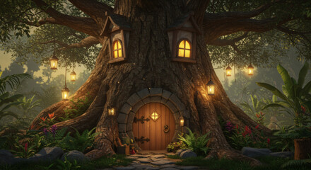 Fototapeta premium A whimsical treehouse with a round door, glowing windows, and hanging lanterns.